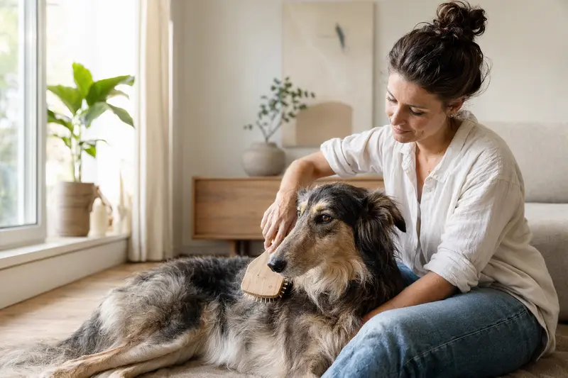 Ein Berber-Windhund wird zuhause sanft gebürstet, während sein Besitzer liebevoll die Fellpflege übernimmt.