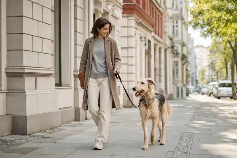 Ein Berber-Windhund läuft an der Leine mit seinem Besitzer durch eine freundliche moderne Stadtstraße.