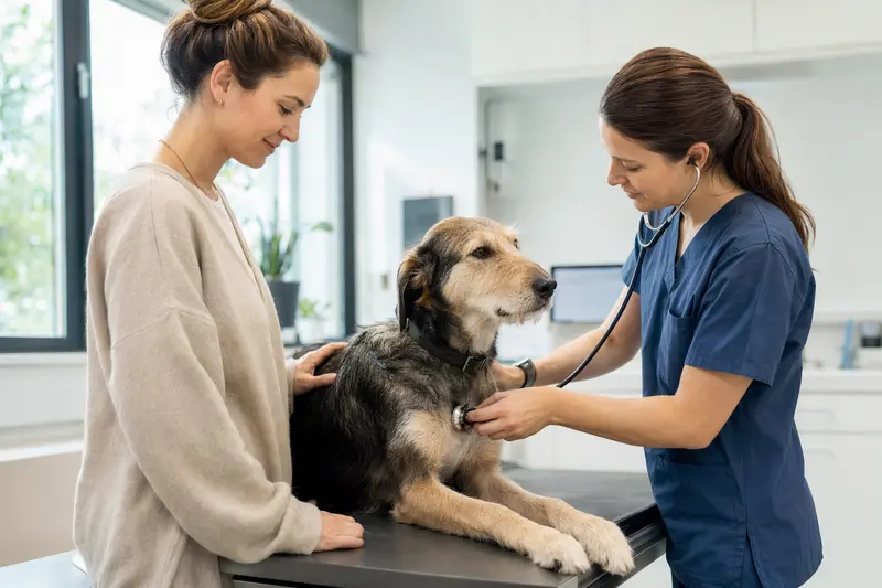 Ein Berber-Windhund wird von einer freundlichen Tierärztin in einer modernen Praxis untersucht.