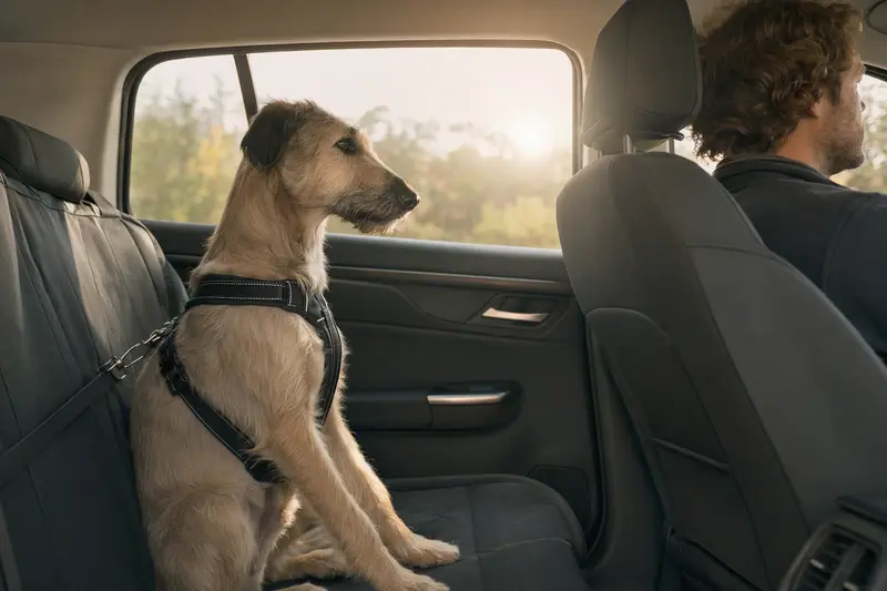 Ein Berber-Windhund sitzt sicher angeschnallt auf der Rückbank eines Autos und genießt das Sonnenlicht.