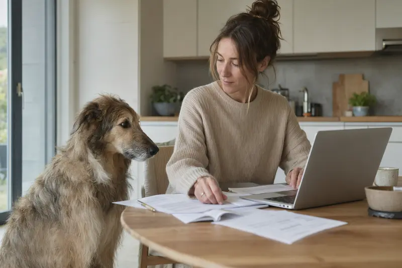 Ein Berber-Windhund sitzt entspannt neben seinem Besitzer an einem Küchentisch mit Versicherungsunterlagen und einem Laptop.