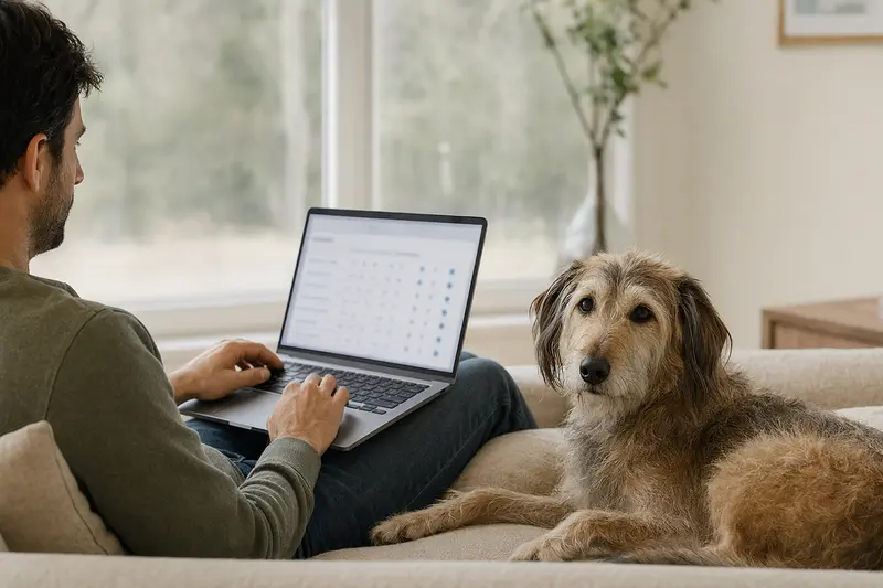 Ein Hundebesitzer sitzt entspannt auf dem Sofa mit einem Laptop, während ein Berber-Windhund neben ihm liegt.