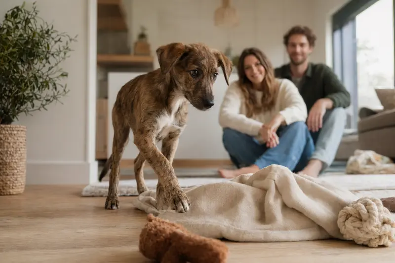 Ein neugieriger Berber-Windhund Welpe erkundet sein neues Zuhause mit einer weichen Decke und Spielzeug.
