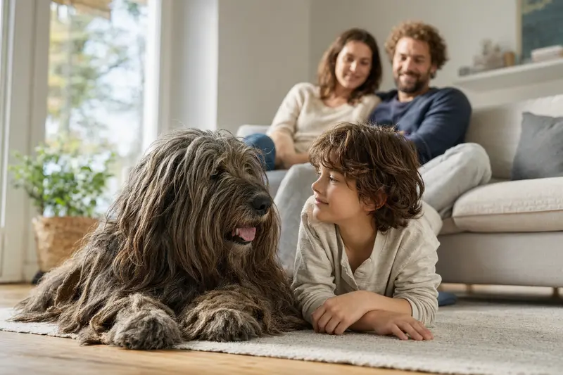 Ein freundlicher Bergamasco Hund liegt entspannt neben einem Kind im Wohnzimmer und schafft eine warme Familienatmosphäre.