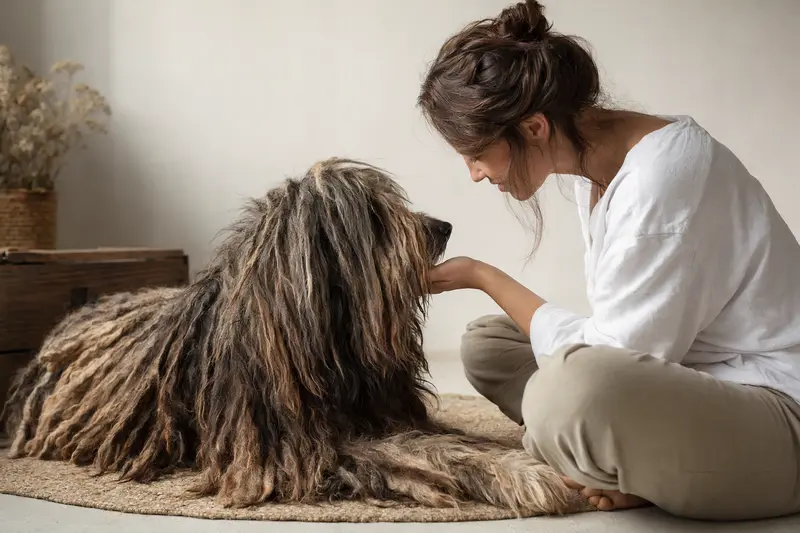 Ein Bergamasco Hund steht aufmerksam vor einem neutralen Hintergrund und zeigt die charakteristische Fellstruktur der Rasse.