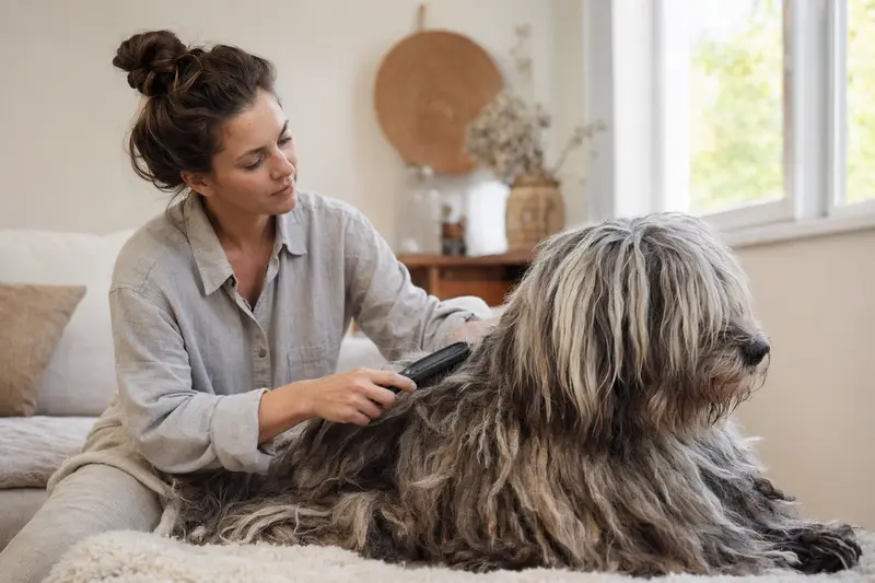 Ein Bergamasco Hund wird liebevoll von seinem Besitzer in einer hellen Wohnung gebürstet.