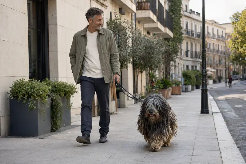 Ein Bergamasco Hund geht entspannt mit seinem Besitzer an der Leine durch eine moderne Stadtstraße.