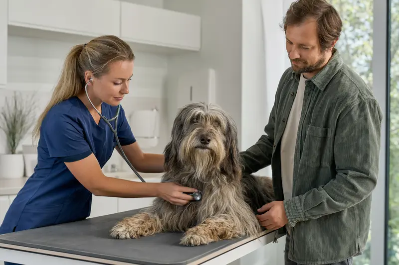 Ein Bergamasco Hund wird liebevoll von einer Tierärztin auf einem Untersuchungstisch in einer modernen Tierarztpraxis untersucht.