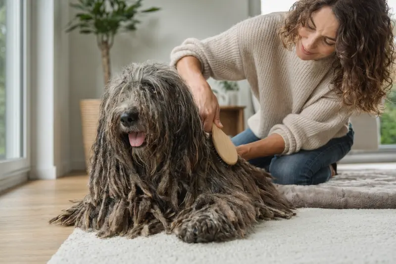 Ein Bergamasco-Hütehund wird in einer hellen Wohnung sanft gebürstet, während sein Besitzer liebevoll die Fellpflege übernimmt.