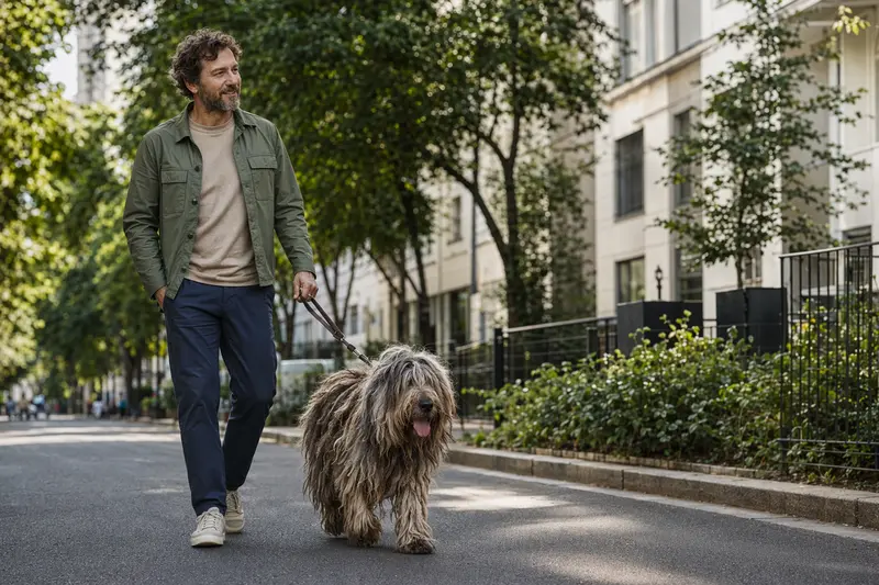 Ein Bergamasco-Hütehund läuft an der Leine mit seinem Besitzer entspannt durch eine moderne Stadtstraße.