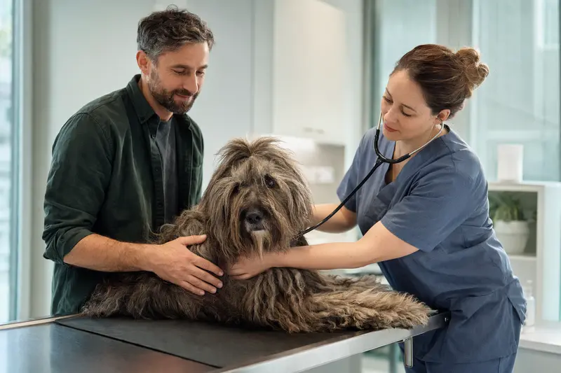 Ein ruhiger Bergamasco-Hütehund auf dem Untersuchungstisch, während eine freundliche Tierärztin ihn mit einem Stethoskop untersucht.