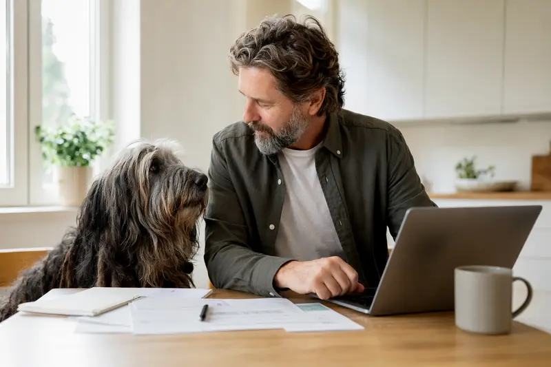Ein Bergamasco-Hütehund sitzt ruhig neben seinem Besitzer am Küchentisch, während Versicherungsunterlagen und ein Laptop mit neutraler Vergleichsseite vor ihnen liegen.