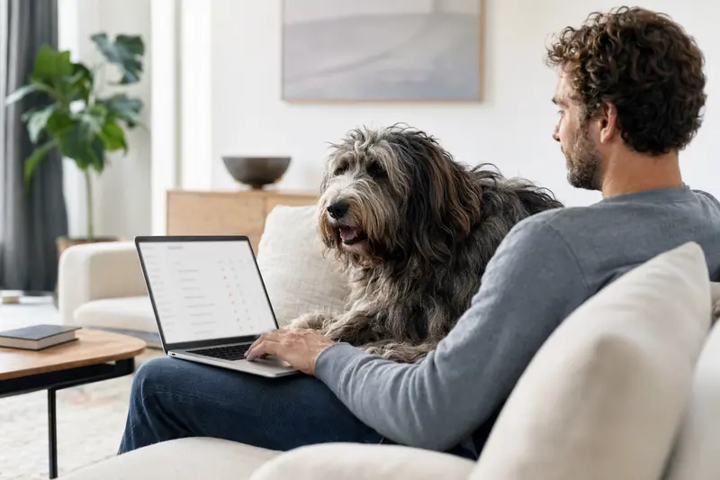 Ein Hundebesitzer sitzt entspannt auf dem Sofa mit einem Laptop, während ein Bergamasco-Hütehund neben ihm sitzt und der Bildschirm eine neutrale Versicherungsvergleichsseite anzeigt.