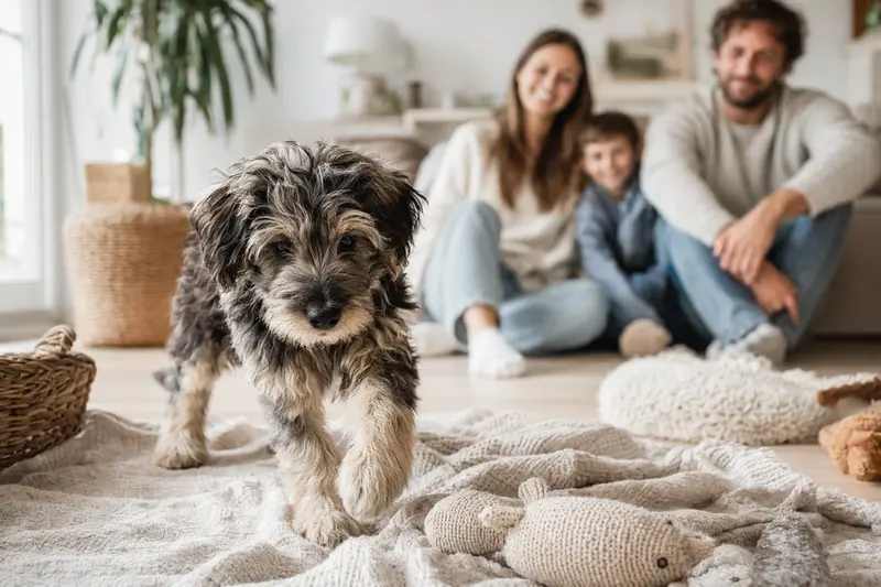Ein junger Bergamasco-Hütehund Welpe erkundet neugierig sein neues Zuhause mit weicher Decke und Spielzeug.
