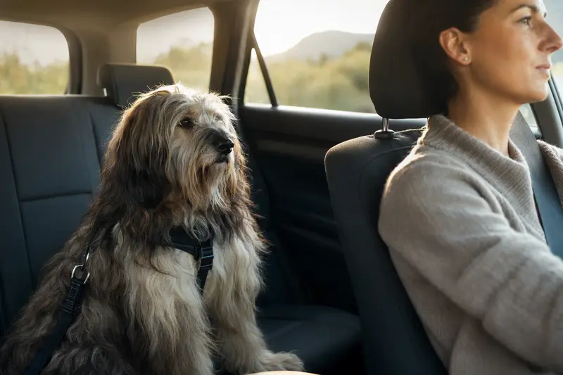 Ein Bergamasco Hund sitzt sicher angeschnallt auf der Rückbank eines Autos und genießt die Fahrt.
