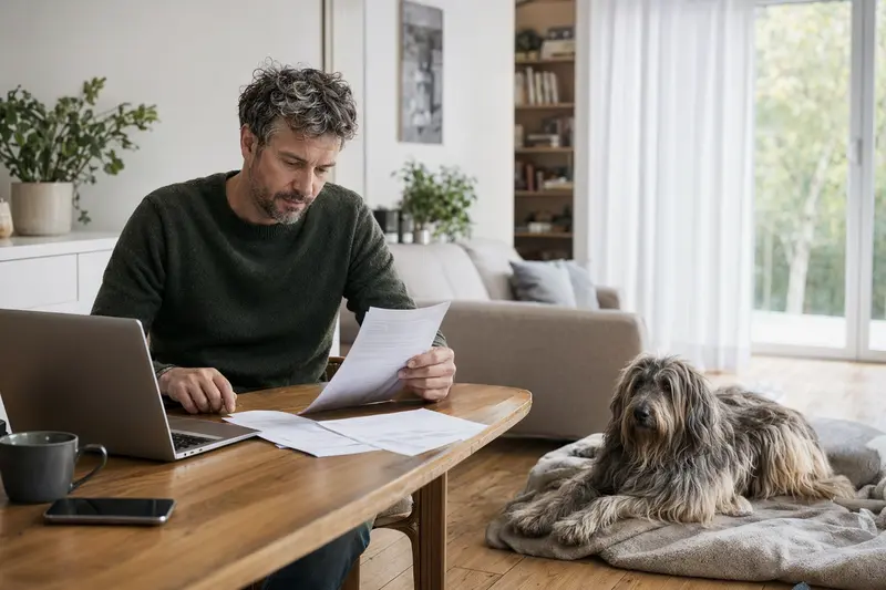 Ein Hundehalter sitzt mit einer Tierarztrechnung am Tisch, während ein entspannter Bergamasco Hund auf einer Decke in der hellen Wohnung liegt.