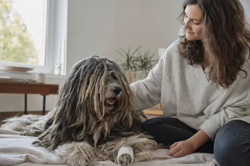 Ein Bergamasco Hund mit Verband an der Pfote liegt auf einer Decke neben seinem erleichterten Besitzer in einer hellen Wohnung.