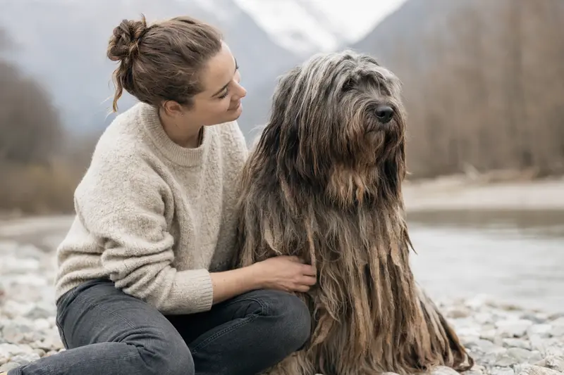 Ein aufmerksamer Bergamasco Shepherd Dog steht vor einem hellen neutralen Hintergrund und zeigt typisches Fell und Körperform.