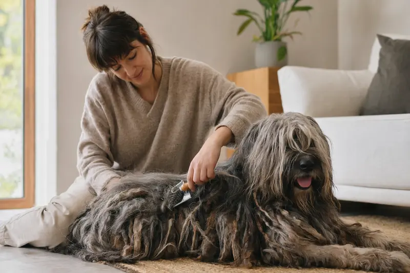 Ein Bergamasco Shepherd Dog wird sanft gebürstet, während der Besitzer liebevoll die Fellpflege durchführt.