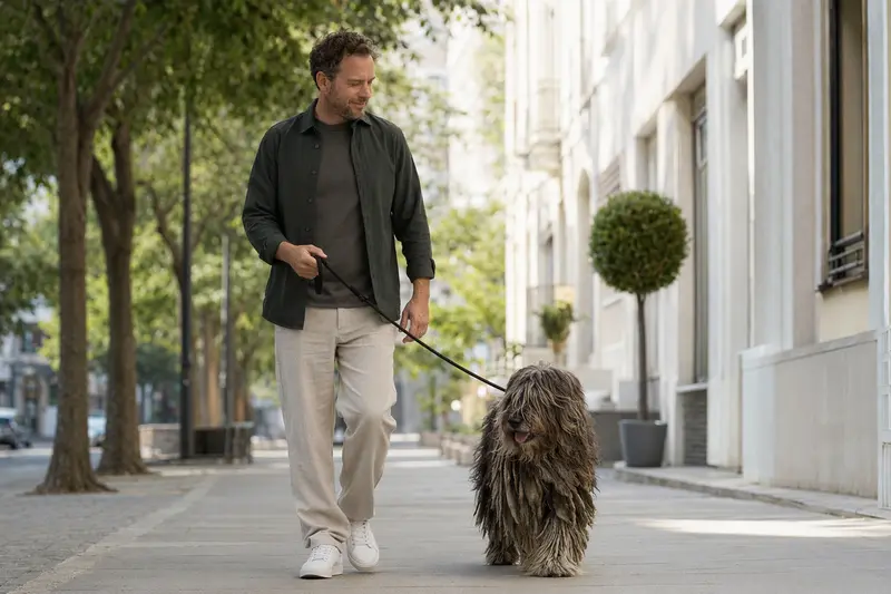 Ein Bergamasco Shepherd Dog läuft an der Leine mit seinem Besitzer durch eine moderne Stadtstraße.