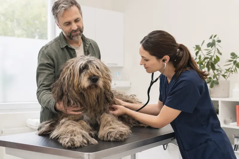 Ein ruhiger Bergamasco Shepherd Dog wird von einer freundlichen Tierärztin mit einem Stethoskop untersucht.