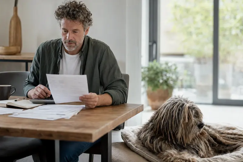 Ein entspannter Bergamasco Shepherd Dog liegt auf einer Decke, während sein Besitzer entspannt am Tisch mit einer Tierarztrechnung sitzt.