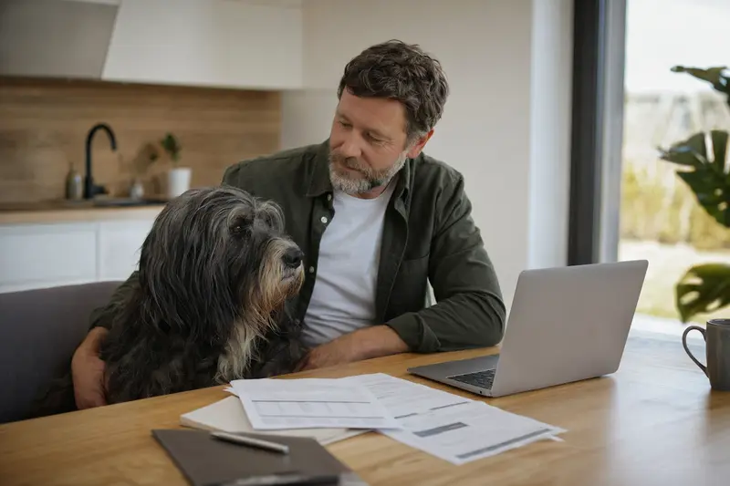Ein Bergamasco Shepherd Dog sitzt entspannt neben seinem Besitzer am Küchentisch mit Versicherungsunterlagen und einem Laptop.