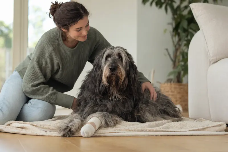 Ein Bergamasco Shepherd Dog liegt entspannt mit einem leichten Verband an der Pfote auf einer Decke, während sein erleichterter Besitzer daneben sitzt.