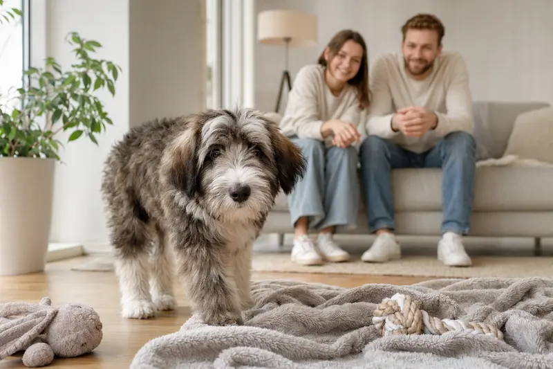 Ein neugieriger Bergamasco Shepherd Welpe erkundet sein neues Zuhause in einer hellen, freundlichen Wohnung.