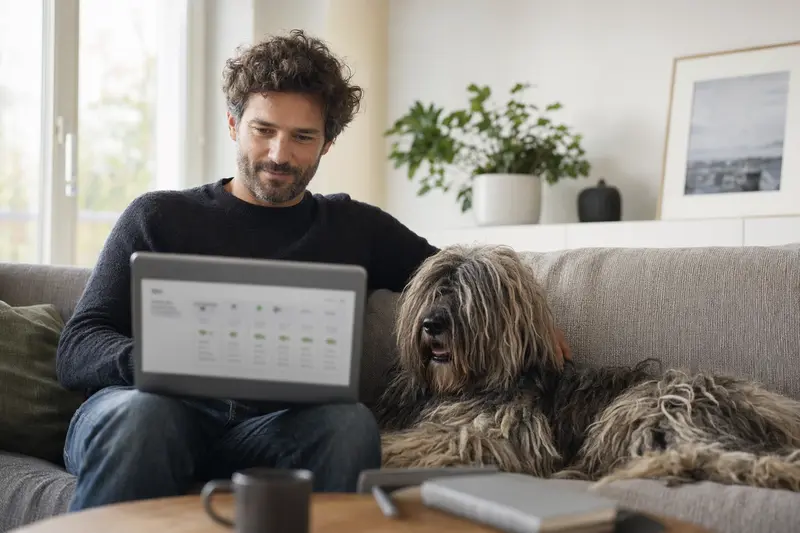 Besitzer mit Laptop auf dem Sofa, neben einem Bergamasco Hund, zeigt eine neutrale Versicherungsvergleichs-Oberfläche.