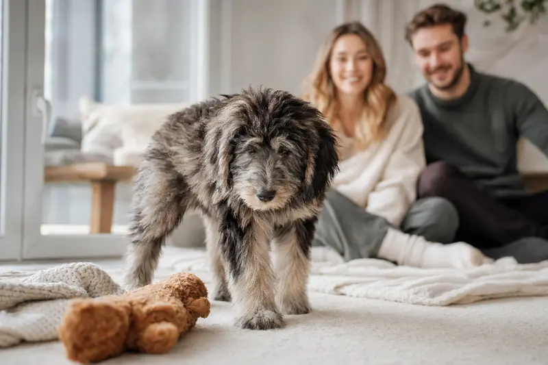 Ein neugieriger Bergamasco Welpe erkundet sein neues Zuhause auf einer weichen Decke, während eine liebevolle Familie im Hintergrund zusieht.