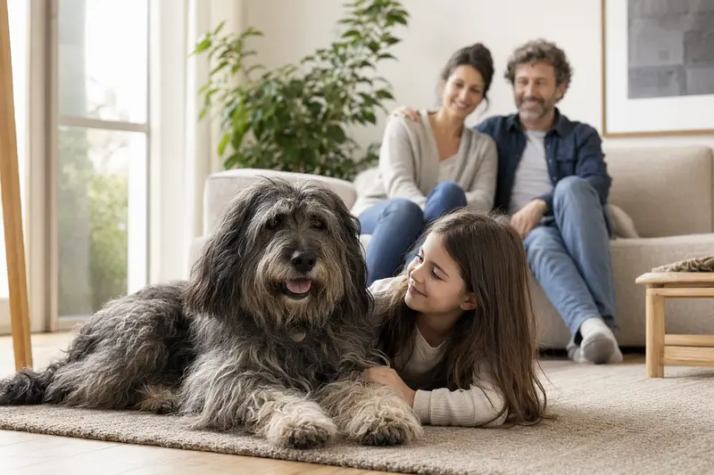 Ein entspannter Bergamasker Hund liegt neben einem Kind im Wohnzimmer, umgeben von einer familiären Atmosphäre.