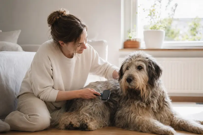 Ein Bergamasker Hund wird liebevoll von seinem Besitzer in einer hellen Wohnung gebürstet, was die Fürsorge und Gesundheit des Vierbeiners zeigt.