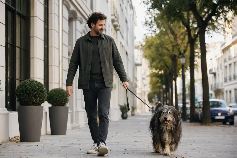 Ein Bergamasker Hund geht entspannt an der Leine mit seinem Besitzer durch eine moderne Stadtstraße.
