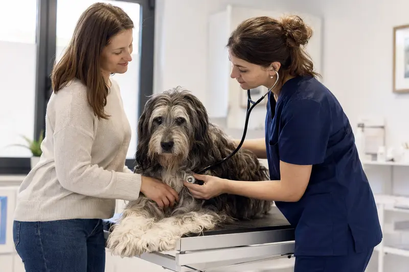 Ein ruhiger Bergamasker Hund wird behutsam von einer freundlichen Tierärztin mit einem Stethoskop untersucht.