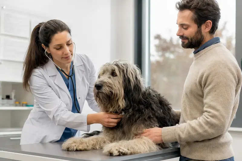 Ein ruhiger Bergamasker Hirtenhund wird von einer freundlichen Tierärztin auf einem Untersuchungstisch in einer modernen Tierarztpraxis untersucht.