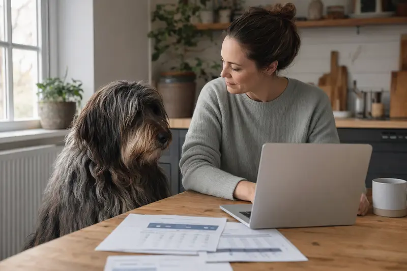 Ein Bergamasker Hirtenhund sitzt ruhig am Küchentisch neben seinem Besitzer, auf dem Tisch liegen Versicherungsunterlagen und ein Laptop.