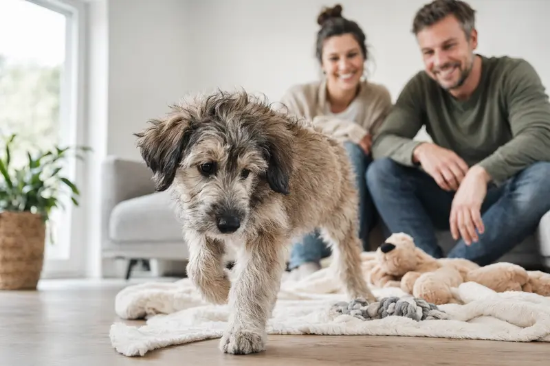 Ein junger Bergamasker Hirtenhund Welpe erkundet neugierig sein neues Zuhause mit einer weichen Decke und Spielzeug im Hintergrund.