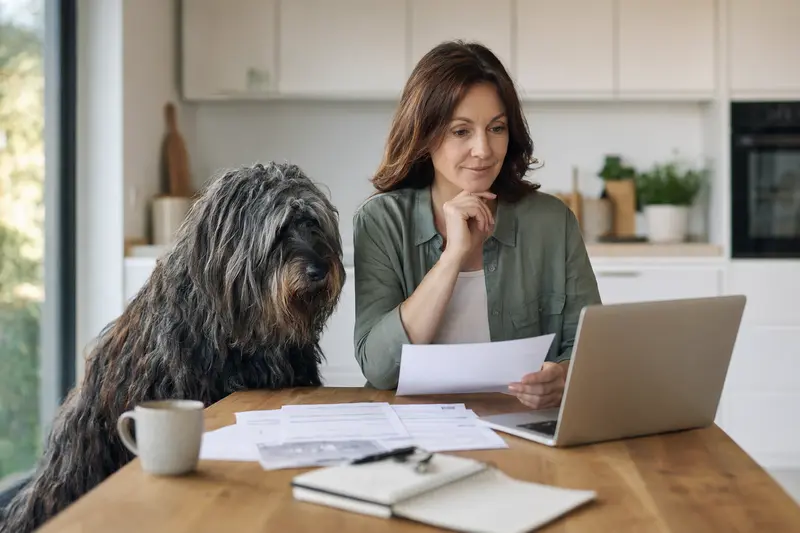 Ein Bergamasker Hund sitzt entspannt neben seinem Besitzer am Küchentisch, während Versicherungsunterlagen und ein Laptop mit Vergleichsseite auf dem Tisch liegen.