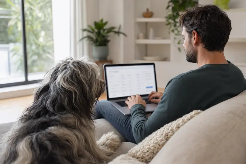 Ein Hundebesitzer sitzt mit einem Laptop auf dem Sofa, neben ihm ein Bergamasker Hund, während er eine Versicherungsvergleichsseite betrachtet.
