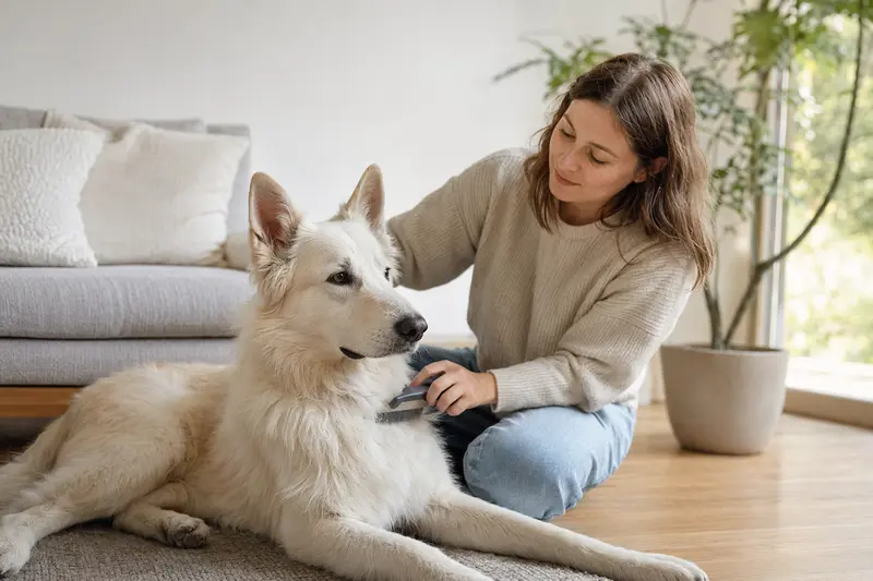 Ein Berger Blanc Suisse Hund wird liebevoll von seinem Besitzer zuhause gebürstet.