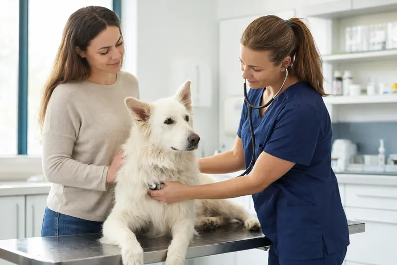 Ein Berger Blanc Suisse Hund wird behutsam von einer freundlichen Tierärztin in einer modernen Tierarztpraxis mit einem Stethoskop untersucht, während der Besitzer beruhigend daneben steht.