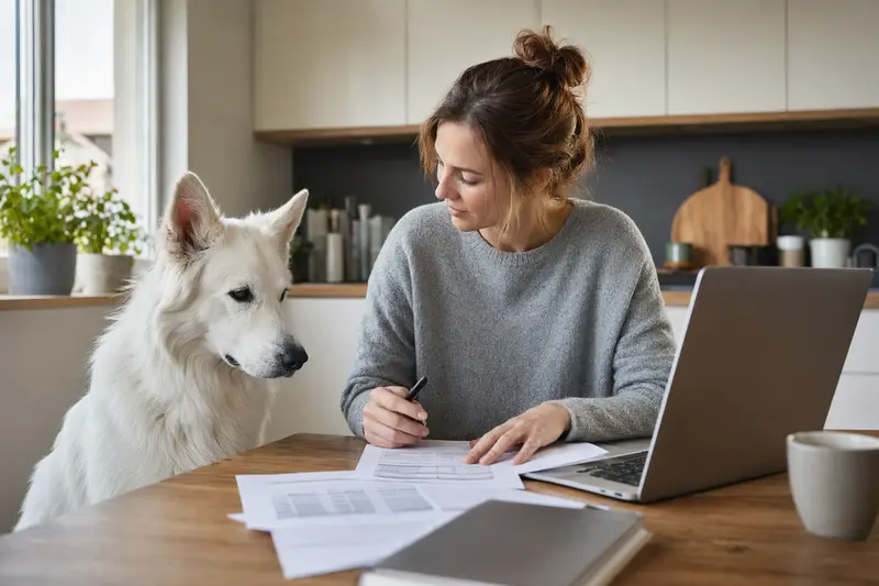 Ein Berger Blanc Suisse Hund sitzt entspannt neben seinem Besitzer am Küchentisch, auf dem Versicherungsunterlagen und ein Laptop mit Vergleichsseite liegen.