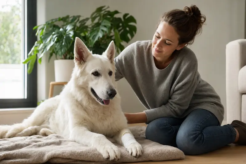 Ein Berger Blanc Suisse Hund mit einem leichten Verband an der Pfote liegt entspannt neben seinem erleichterten Besitzer in einer hellen Wohnung.