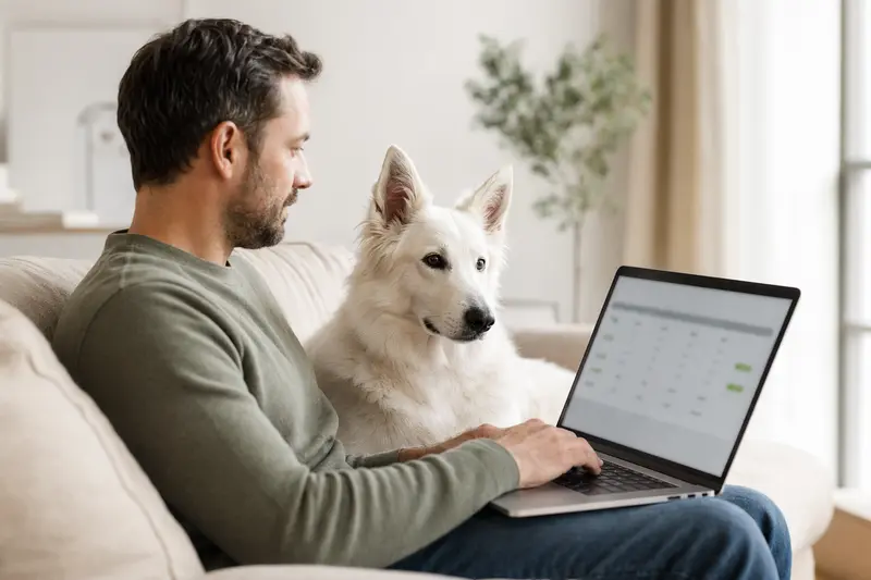 Ein Hund und sein Besitzer sitzen entspannt auf dem Sofa, während sie Versicherungsoptionen am Laptop prüfen.
