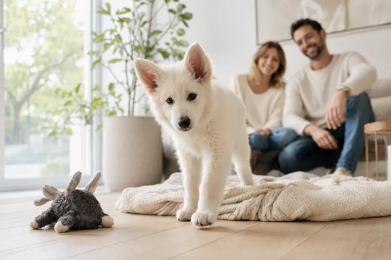 Ein junger Berger Blanc Suisse Welpe erkundet neugierig seine neue Umgebung mit einer weichen Decke und Spielzeug, während eine liebevolle Familie im Hintergrund zu sehen ist.