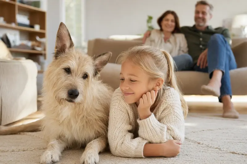 Ein Berger de la Crau Hund liegt entspannt neben einem Kind im Wohnzimmer und schafft eine liebevolle Familienatmosphäre.