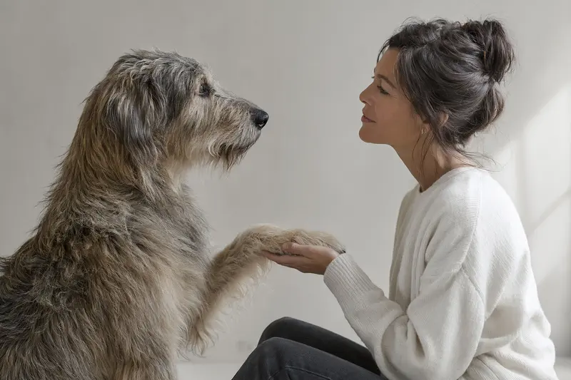 Ein aufmerksamer Berger de la Crau Hund vor einem hellen Hintergrund, der seine typische Körperform und Fellstruktur zeigt.