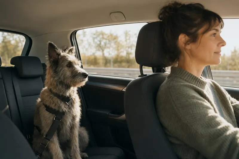 Ein Berger de la Crau Hund sitzt sicher angeschnallt auf der Rückbank eines Autos, während der Besitzer ruhig fährt.