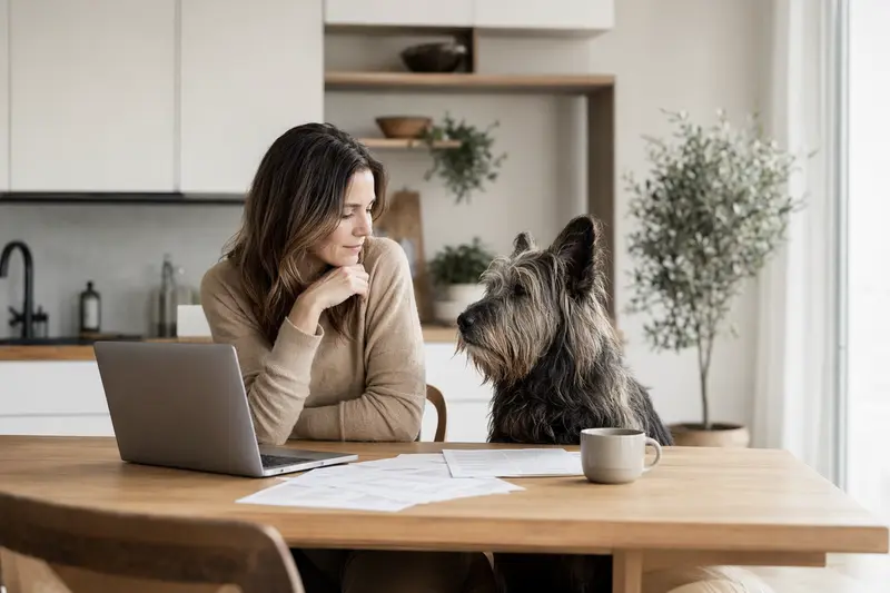 Ein Berger de la Crau Hund sitzt neben seinem Besitzer am Küchentisch, auf dem Versicherungsunterlagen und ein Laptop liegen.